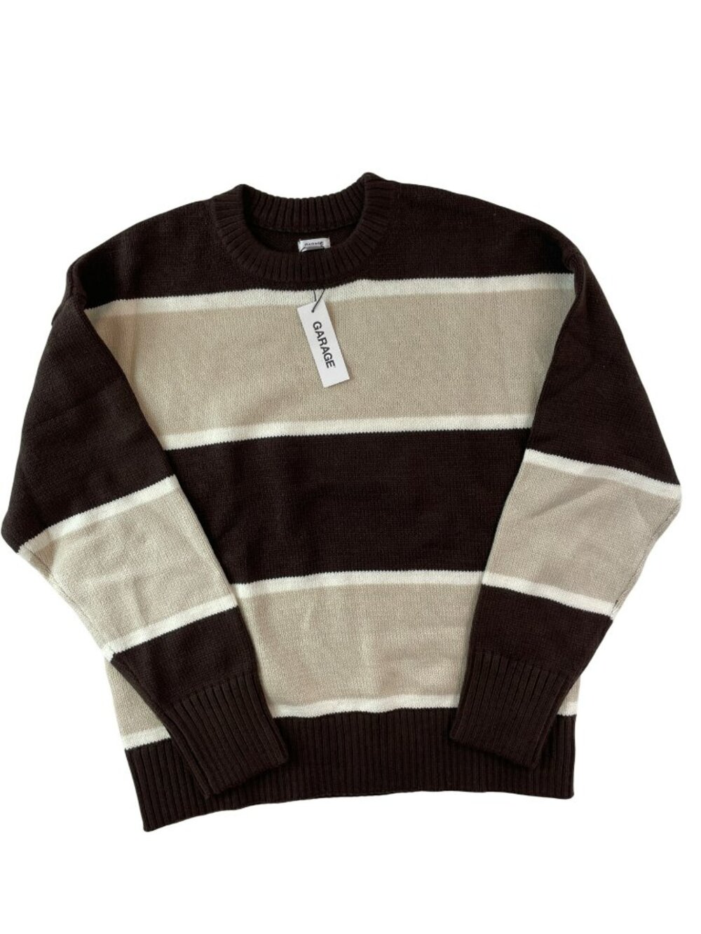 Garage Roxy Supersoft Striped Crew Neck Sweater Armadillo Brown Wmns Sz S $55NWT